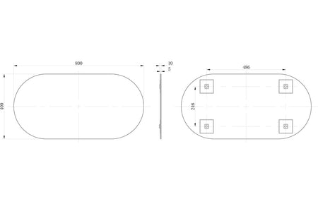 Oblong back-lit LED mirror layout drawing with corner mounting squares