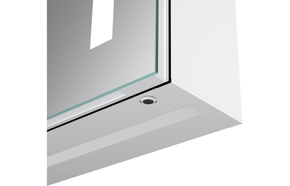 LED mirror cabinet base with illuminated glass edge and recessed circular outlet