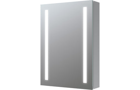 Front-lit LED mirror cabinet with two vertical light strips and hinged door, 500mm