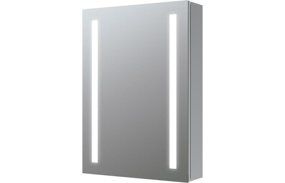 Front-lit LED mirror cabinet with two vertical light strips and hinged door, 500mm
