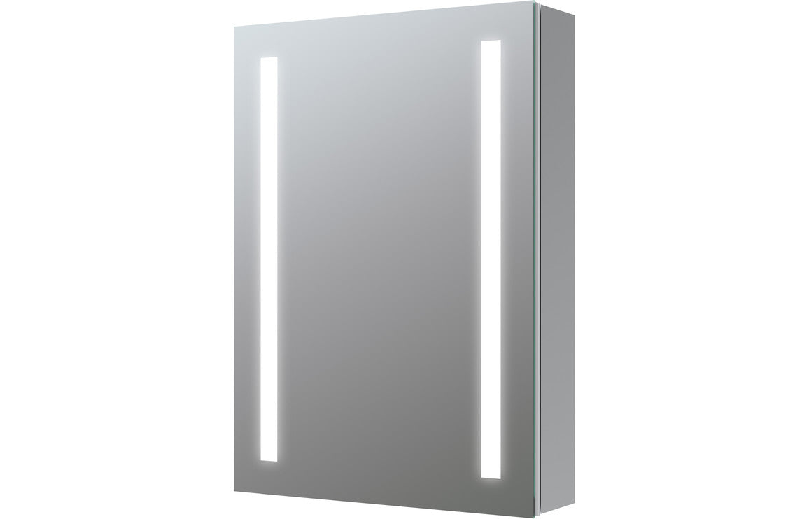 Front-lit LED mirror cabinet with two vertical light strips, mirrored door and frame
