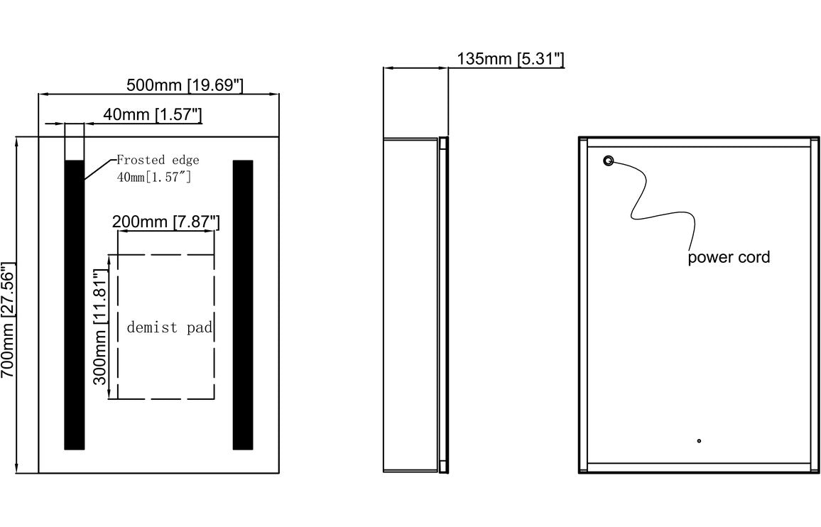 LED mirror cabinet size diagram: 500mm width and 700mm height