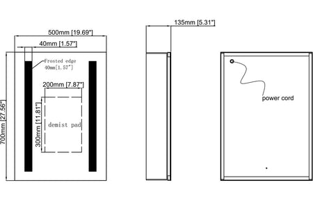 LED mirror cabinet size diagram: 500mm width and 700mm height
