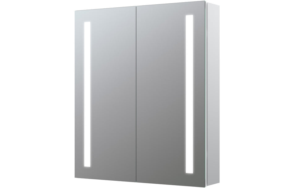 Front-lit LED 2-door mirror cabinet with brushed metal frame and glass doors