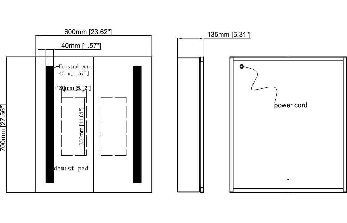 Technical diagram of LED mirror cabinet with 600mm width, 135mm depth, and power cord