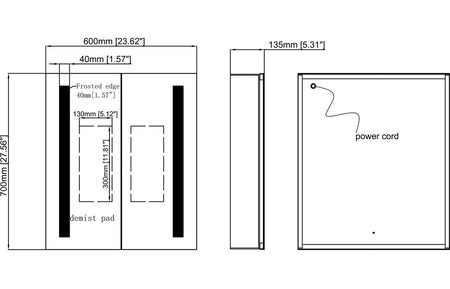Technical diagram of LED mirror cabinet with 600mm width, 135mm depth, and power cord