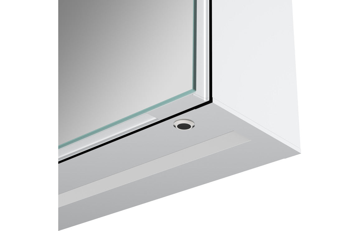 LED mirror cabinet corner detail with frosted edge and round power access