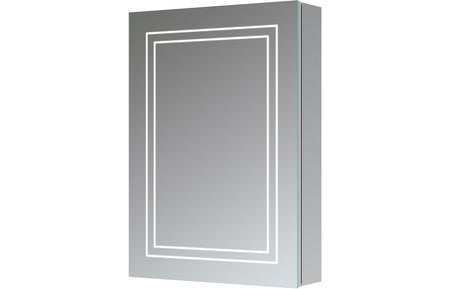 Front-lit LED mirror cabinet with one door, square mirrored frame, gray housing