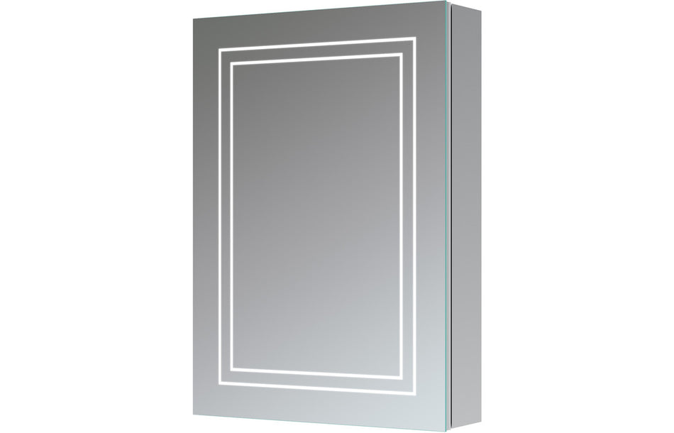 Front-lit LED mirror cabinet with one door, square mirrored frame, gray housing