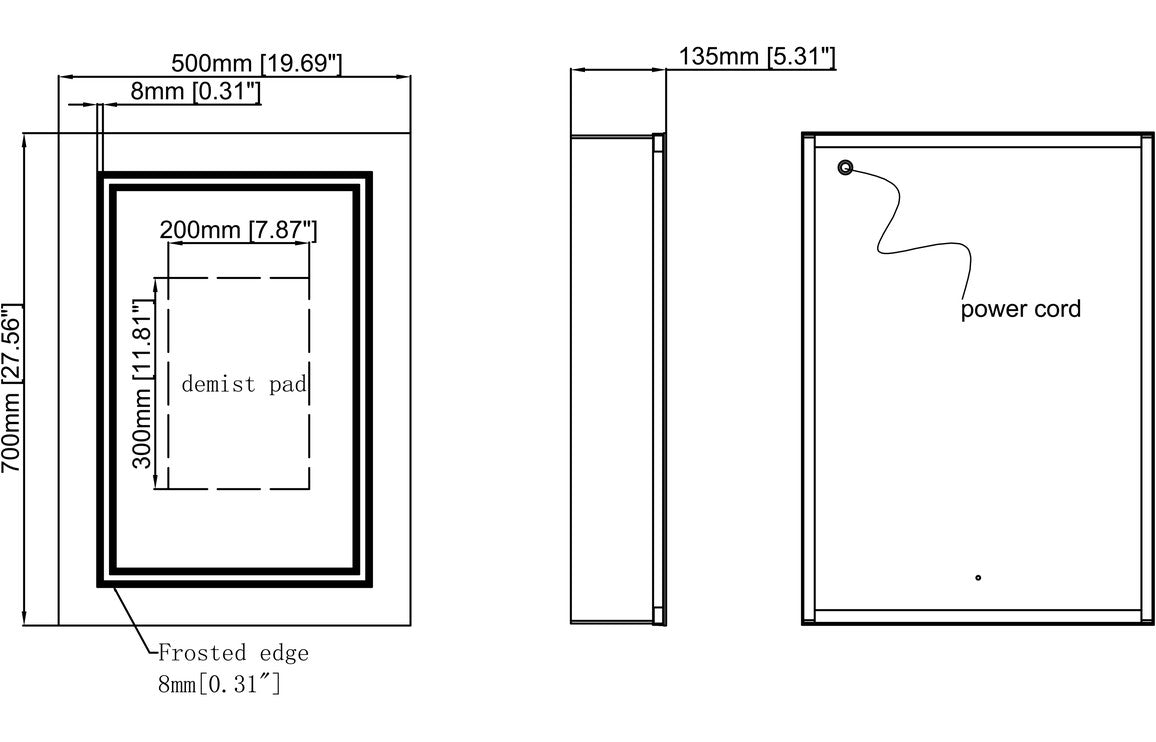 Dimension diagram for a 500mm LED mirror cabinet: frosted edge and power cord