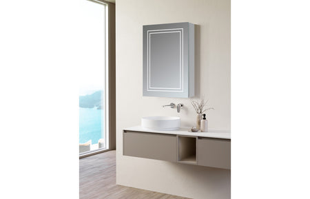 Wall-mounted LED mirror cabinet with one door above a bathroom sink, square frame