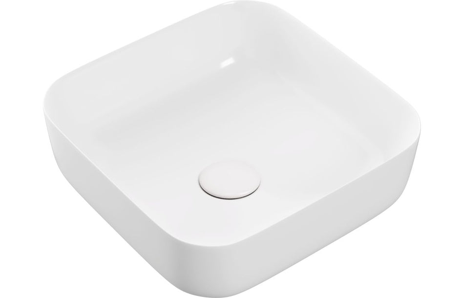 Matt white ceramic square washbowl with circular waste cover on basin base