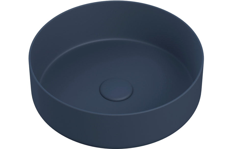 Round matt deep blue ceramic washbowl with built-in waste drain cover