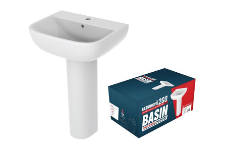 White pedestal basin with boxed set beside it