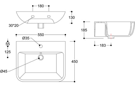 Basin with full pedestal technical line drawing with key dimensions