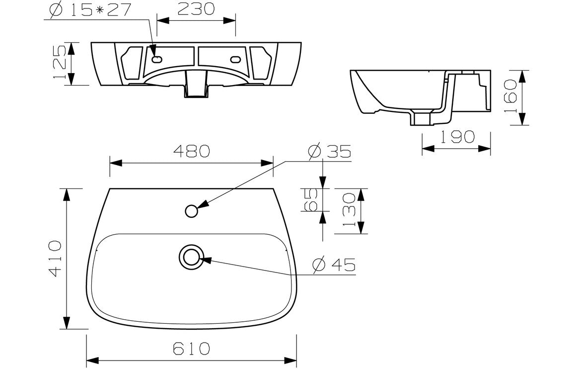 White basin underside dimension diagram with mounting and cutout measurements
