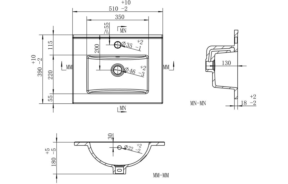 Technical line drawing of bathroom vanity unit and sink with measurements