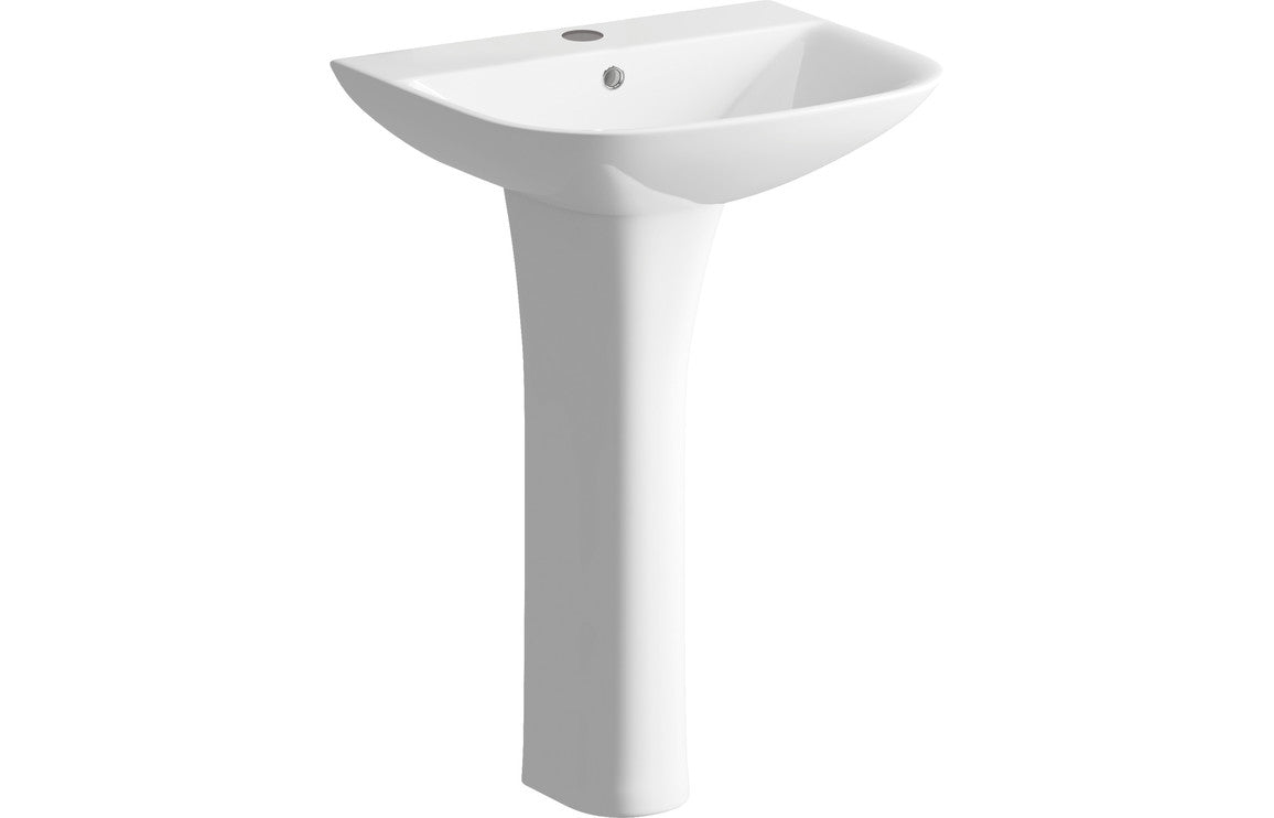 White single-basin vanity with full pedestal and central tap hole