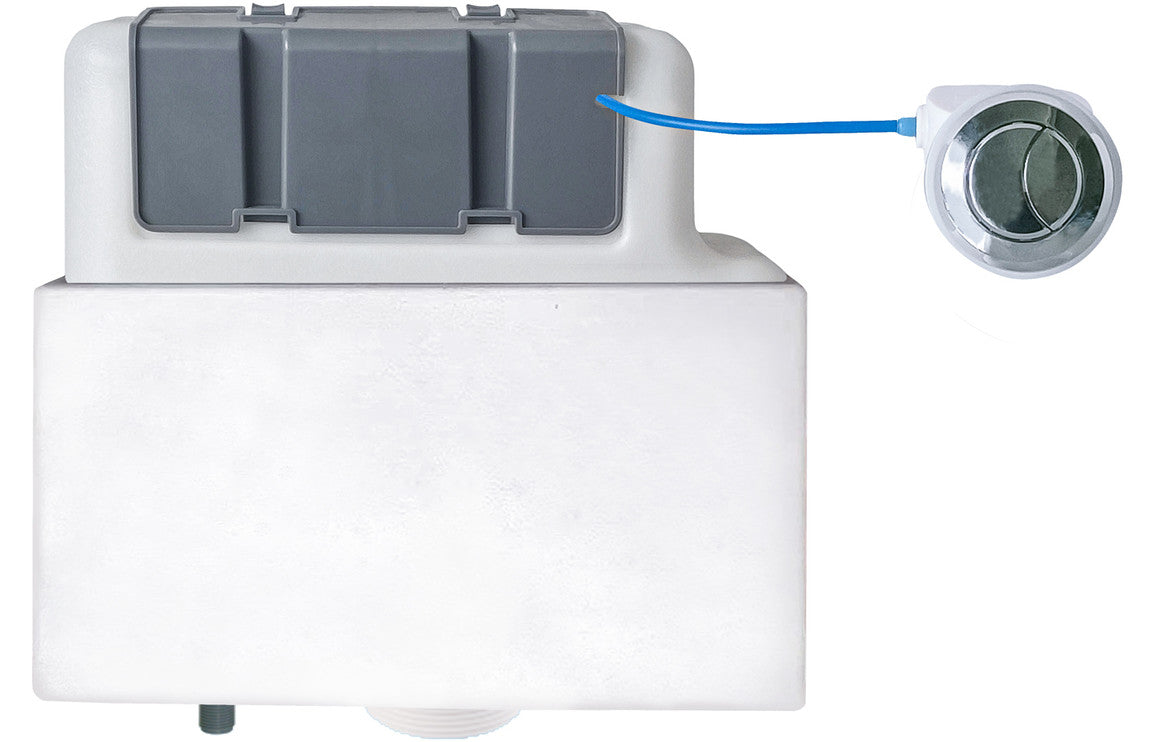 White cistern with blue cable and chrome flush valve