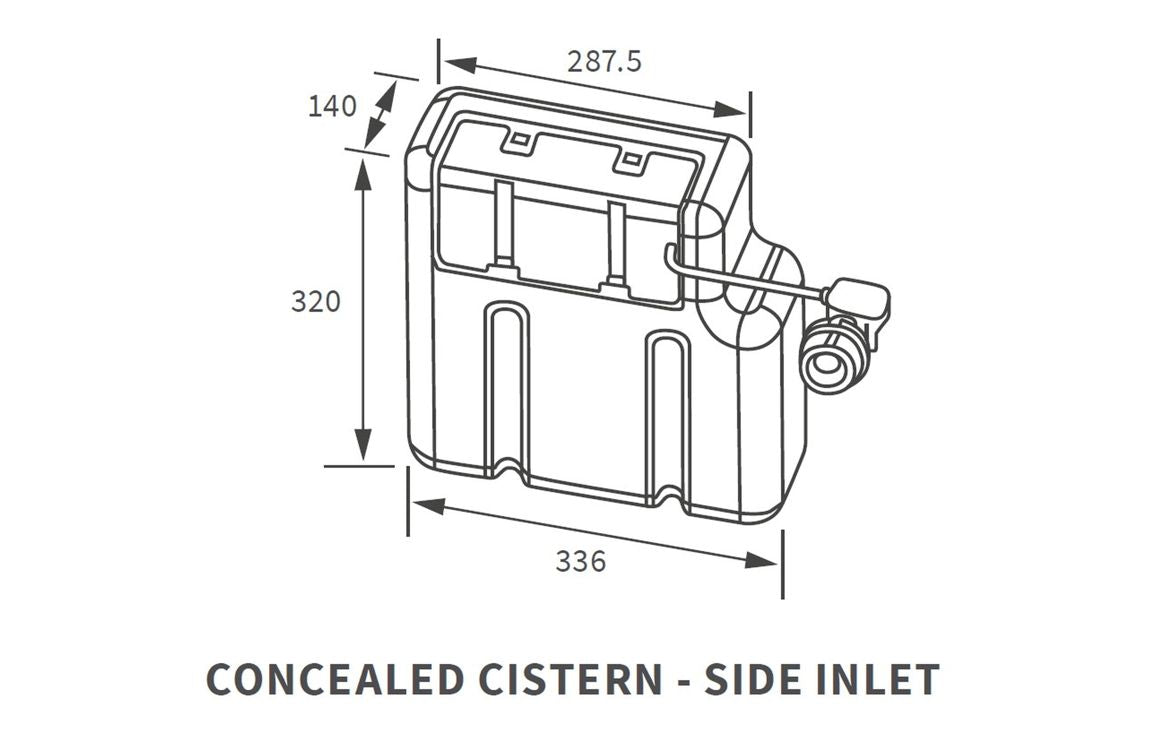 Concealed cistern side-inlet diagram with dual flush button and dimension marks