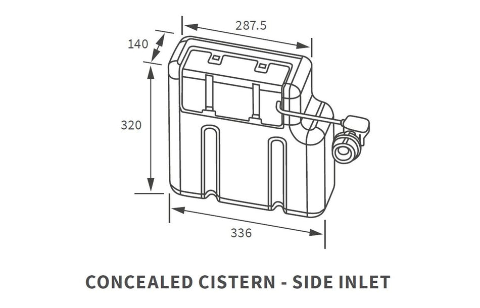 Concealed cistern side-inlet diagram with dual flush button and dimension marks