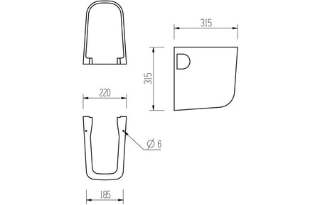Line drawing of white basin and semi pedestal with dimensions