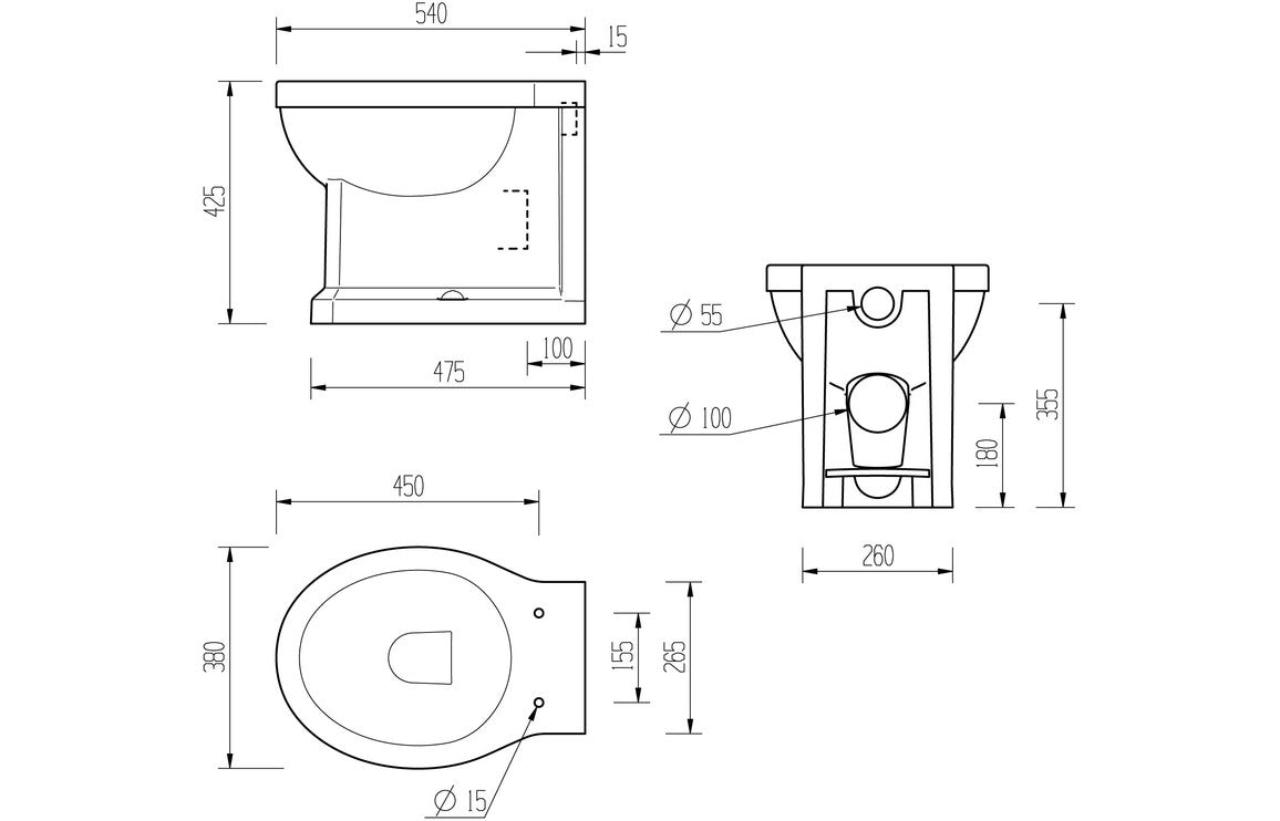 Back-to-wall toilet WC line drawing with dimensions