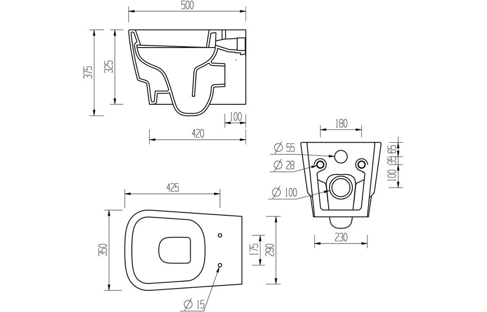 Wall-hung WC pan diagram with soft-close seat dimension lines