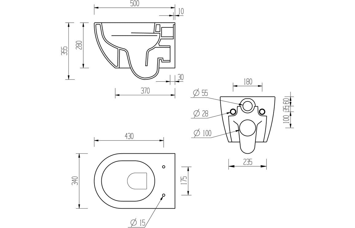 Rimless wall-hung toilet pan technical diagram with soft-close seat dimensions