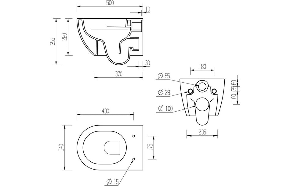 Rimless wall-hung toilet pan technical diagram with soft-close seat dimensions
