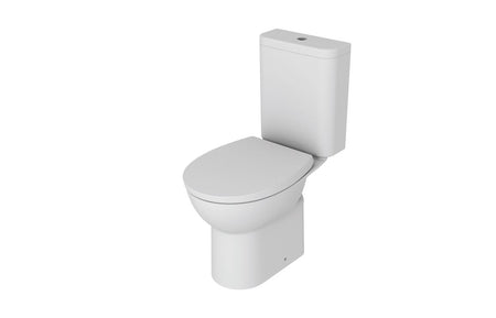 White close-coupled toilet with soft-close seat, rimless design