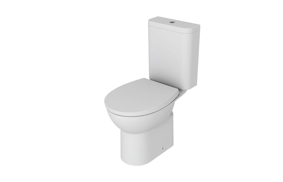 White close-coupled toilet with soft-close seat, rimless design