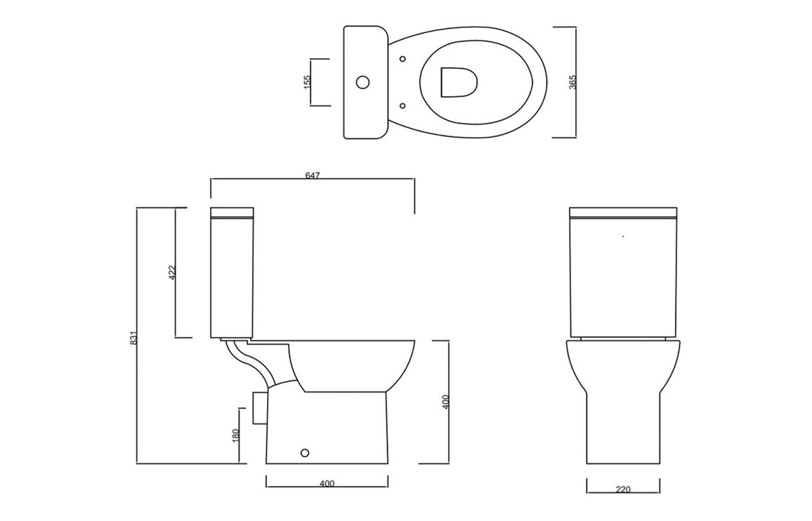 Dimensional line drawing of rimless close-coupled toilet with soft-close seat