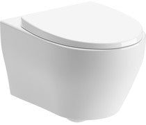 Wall-hung rimless toilet pan with soft-close seat, white ceramic, front view