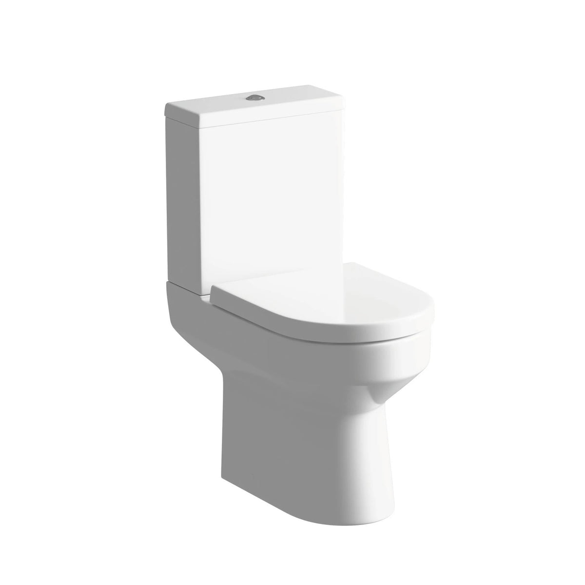 White close-coupled toilet with integrated cistern and matching white vanity side unit