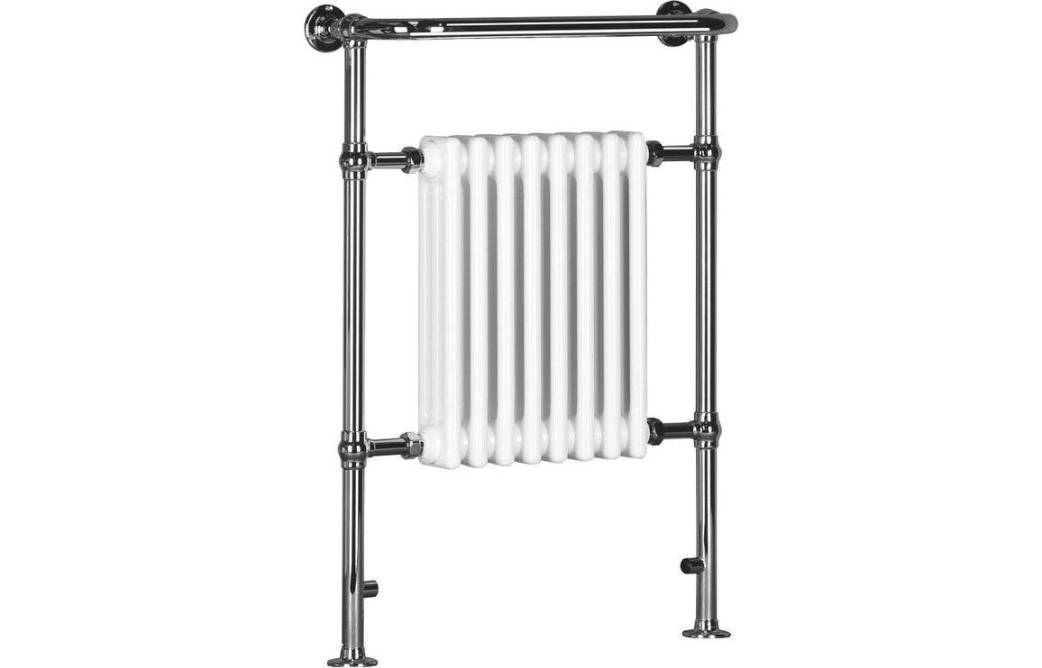 Traditional white radiator with vertical bars and dark metal side frame