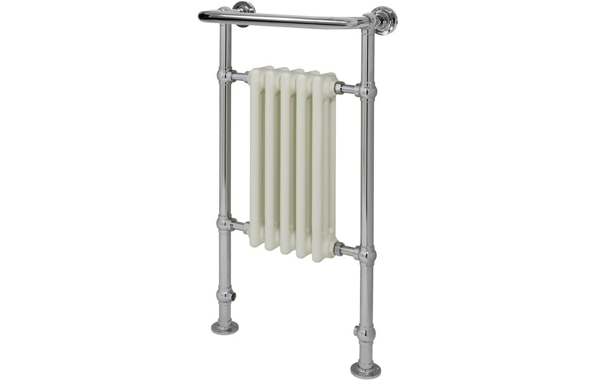 Traditional white radiator with vertical panels and chrome side frame