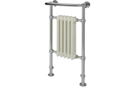 Traditional white radiator with vertical panels and chrome side frame