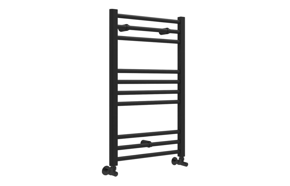 Matt black electric ladder radiator with curved top rail and horizontal bars