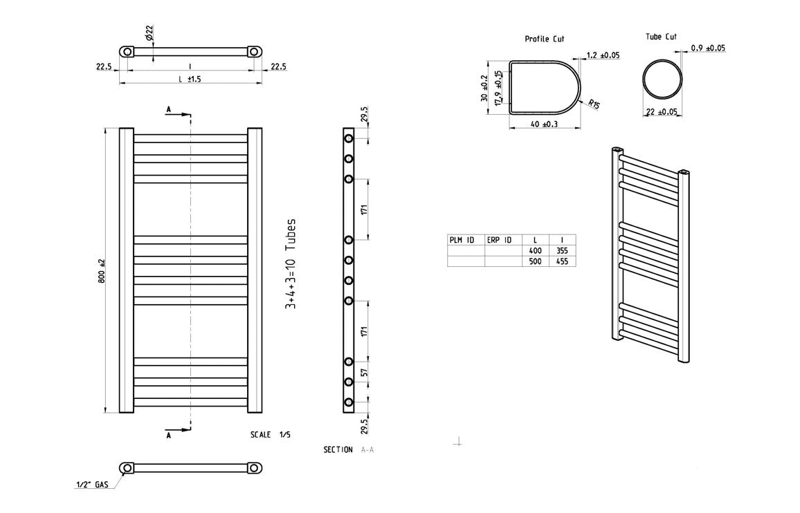 Ladder radiator elevation and side view schematic with measurements
