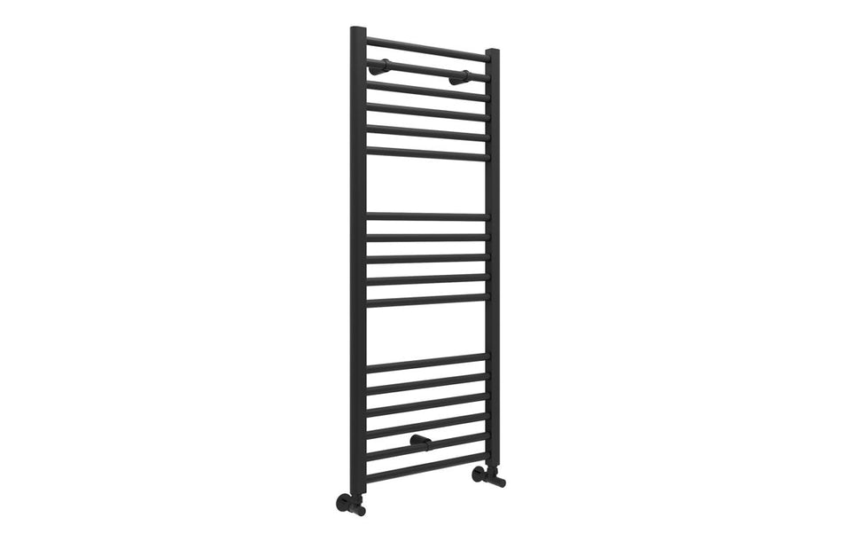 Matt black ladder radiator with horizontal bars and top and bottom headers