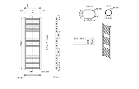 Ladder radiator technical drawing with dimensions and tube layout