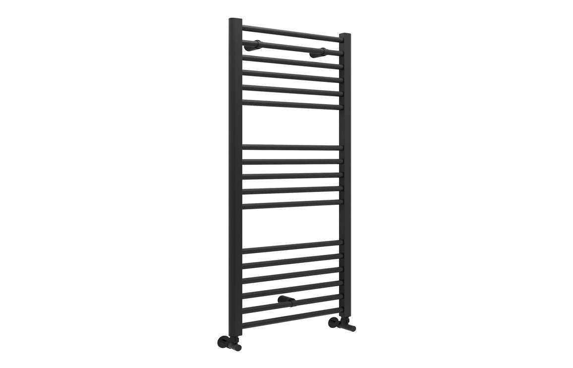 Matt black ladder radiator with evenly spaced horizontal bars and round base feet