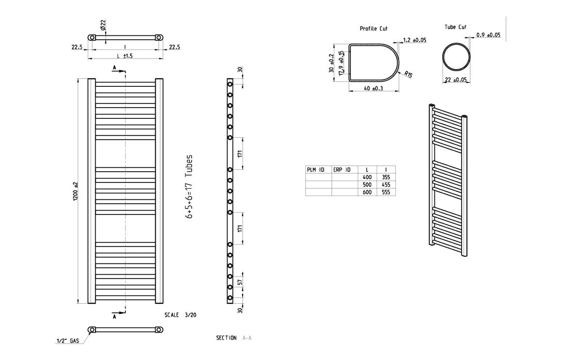 Ladder radiator technical diagram showing profile, tube sizes, and section