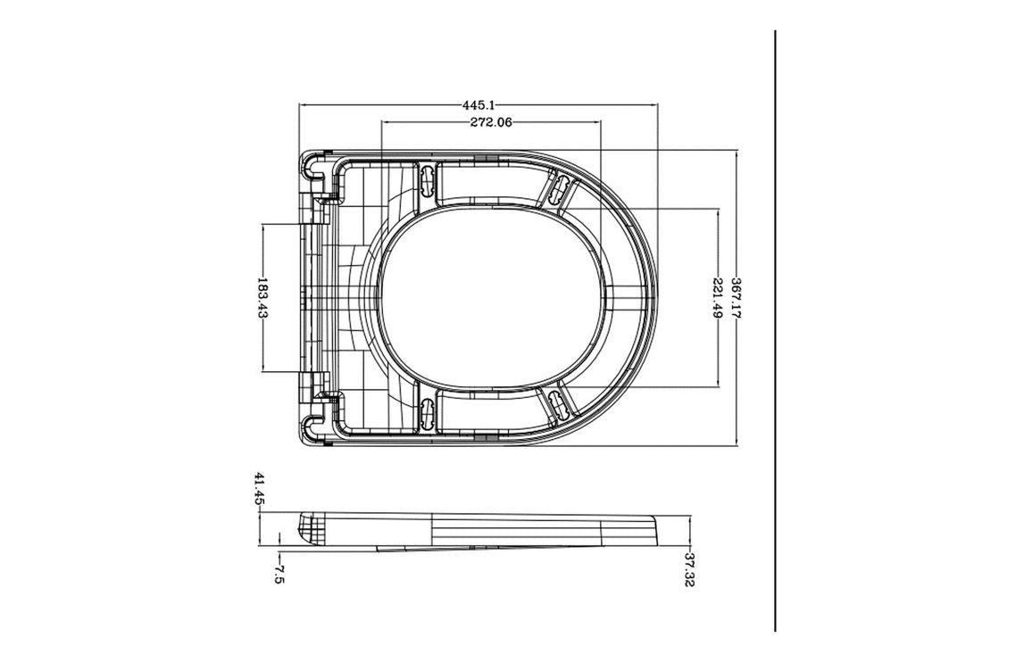 Technical line drawing of a toilet seat hinge and mounting frame