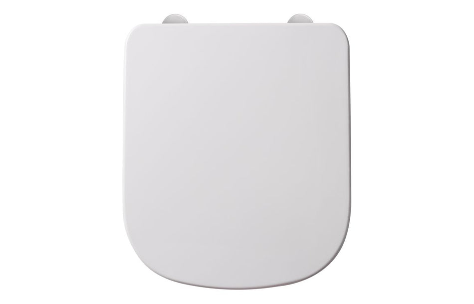 White square toilet seat lid with rounded edges and lift points