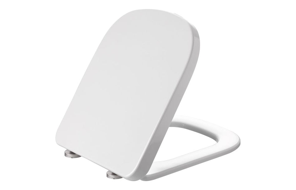 White square soft-close toilet seat with smooth lid and metal hinges