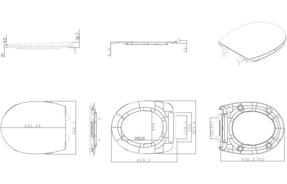 White soft-close toilet seat with hinge hardware, shown in multi-view technical layout