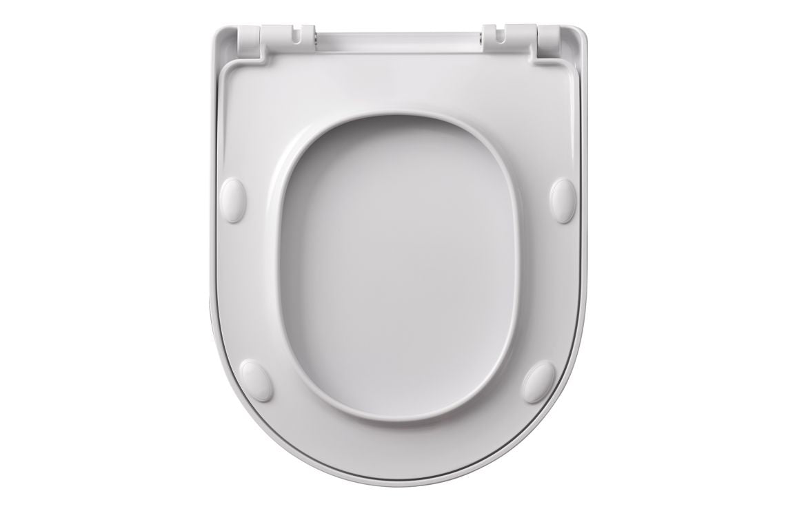 White slim toilet seat with mounting brackets and rear hinge hardware