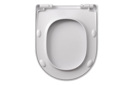 White slim toilet seat with mounting brackets and rear hinge hardware